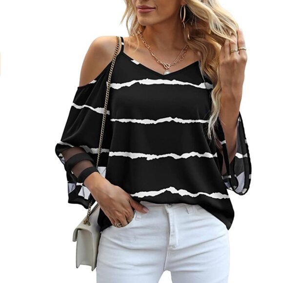 Black Striped Mesh Panel 3/4 Bell Sleeve Off Shoulder Relaxed‎ Loose Top Blouse - Picture 2 of 6